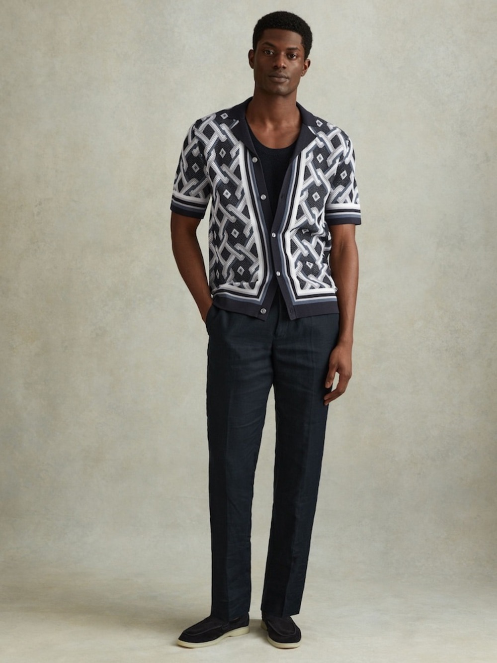 Reiss Knitted Cuban Collar Shirt in Navy Multi